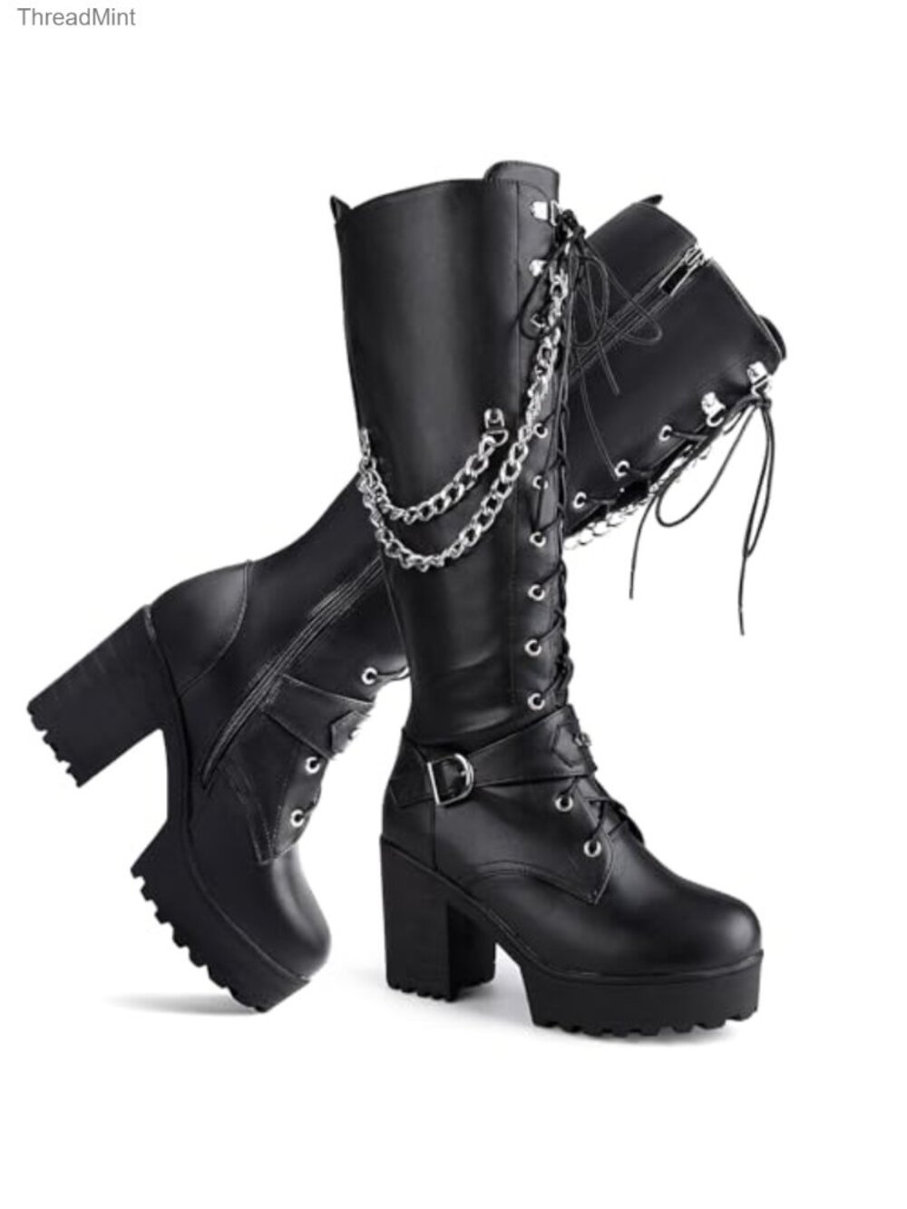 Wide Calf Knee High Combat Boots Chunky Platform Lace Up Side Zip Faux Leather
